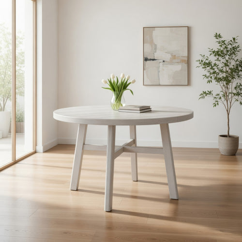 Bovo Dining Table | 48" Round Tabletop | Driftwood White Wood Legs