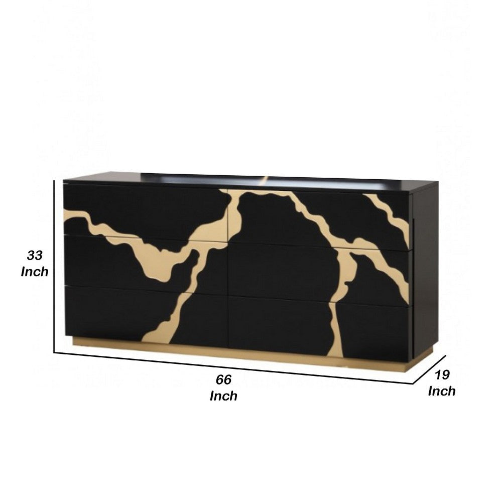 Goldie 6 Drawer Wide Dresser | Black & Gold Wood | Bedroom Storage BM340249