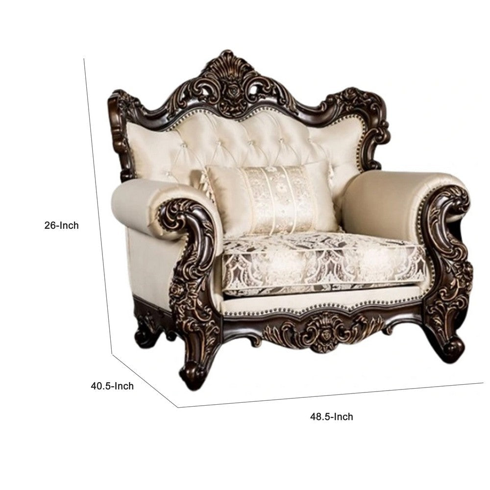 Puhi Accent Armchair w Lumbar Pillow | Beige Fabric | Ornate Carved Wood BM340278