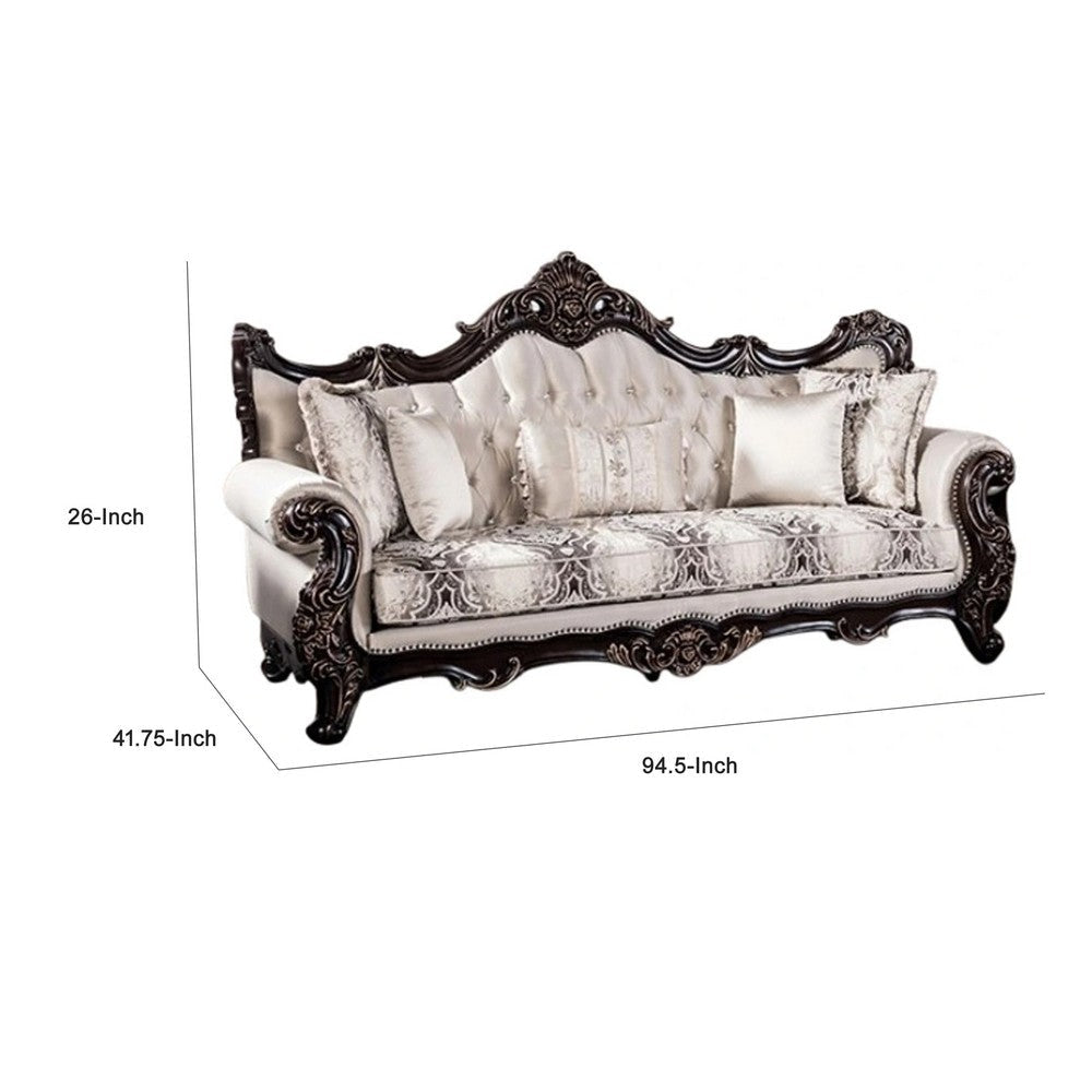 Puhi Sofa w Accent Pillows | Beige Fabric | Ornate Carved Wood| 95’’ BM340280