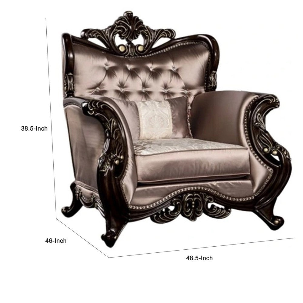 Aboi Armchair w Pillow | Brown Velvet | Ornate Carved Dark Cherry Wood BM340283