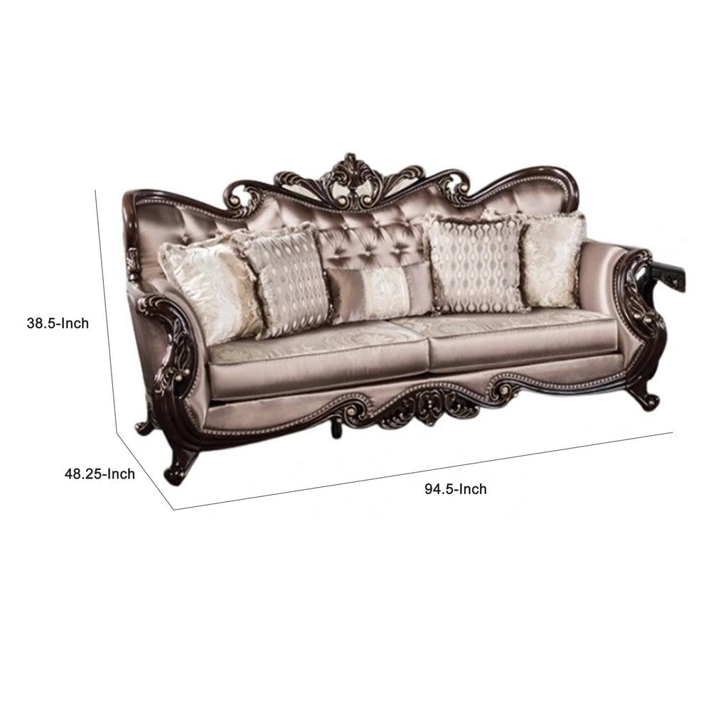 Aboi Sofa w 5 Pillows | Brown Velvet | Ornate Carved Dark Cherry Wood | 95’’