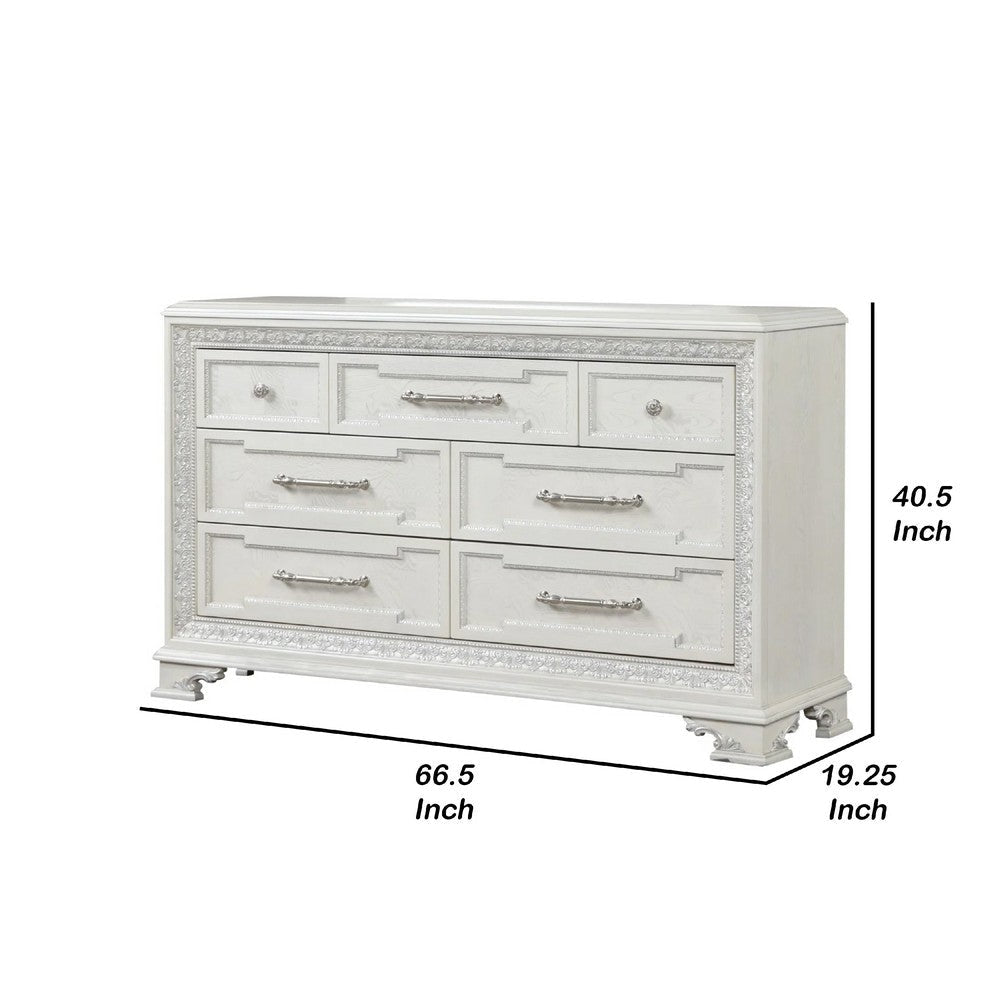 Miamy Wide Dresser | 7 Drawers w Jewelry Tray | Creamy White Pine Wood BM340309