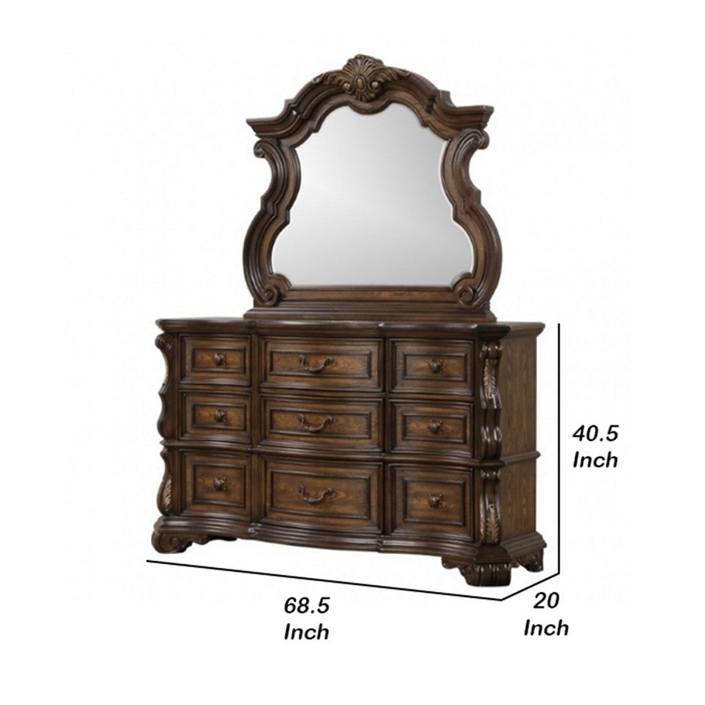 Leova Wide Dresser | 9 Drawers | Ornate Molding| Brown Asian Hardwood BM340314
