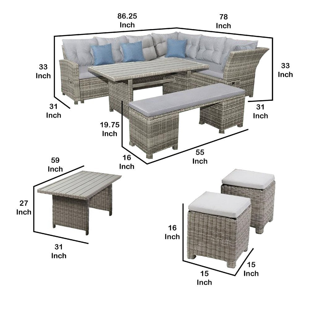 Mia Outdoor Wicker 5pc Sectional Sofa Set w Bench 3 Throw Pillows Gray BM340336