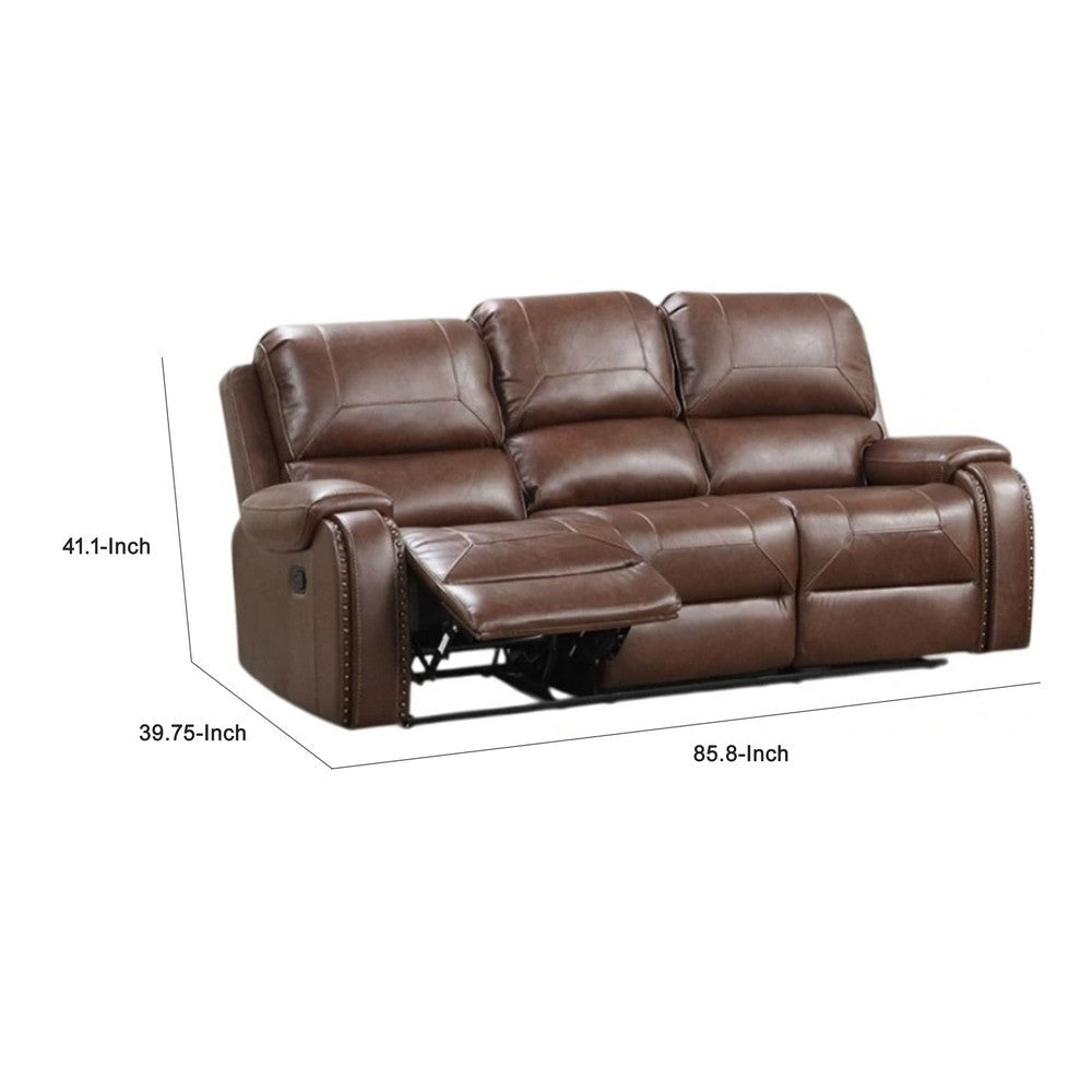 Teli Reclining Sofa w Drop Down Table & Cup Holders | Brown Faux Leather BM340343