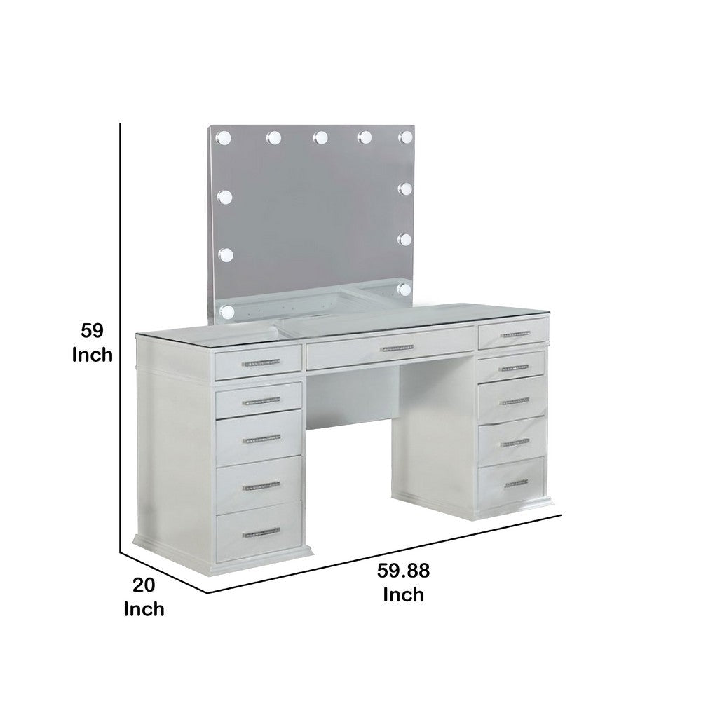 Vaz 3pc LED Mirror Vanity Table Set | Glass Top | Padded Stool | White BM340351