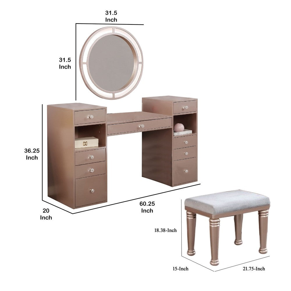 Yezy 3pc Vanity LED Mirror Desk Set with Padded Stool | Blush Pink BM340352