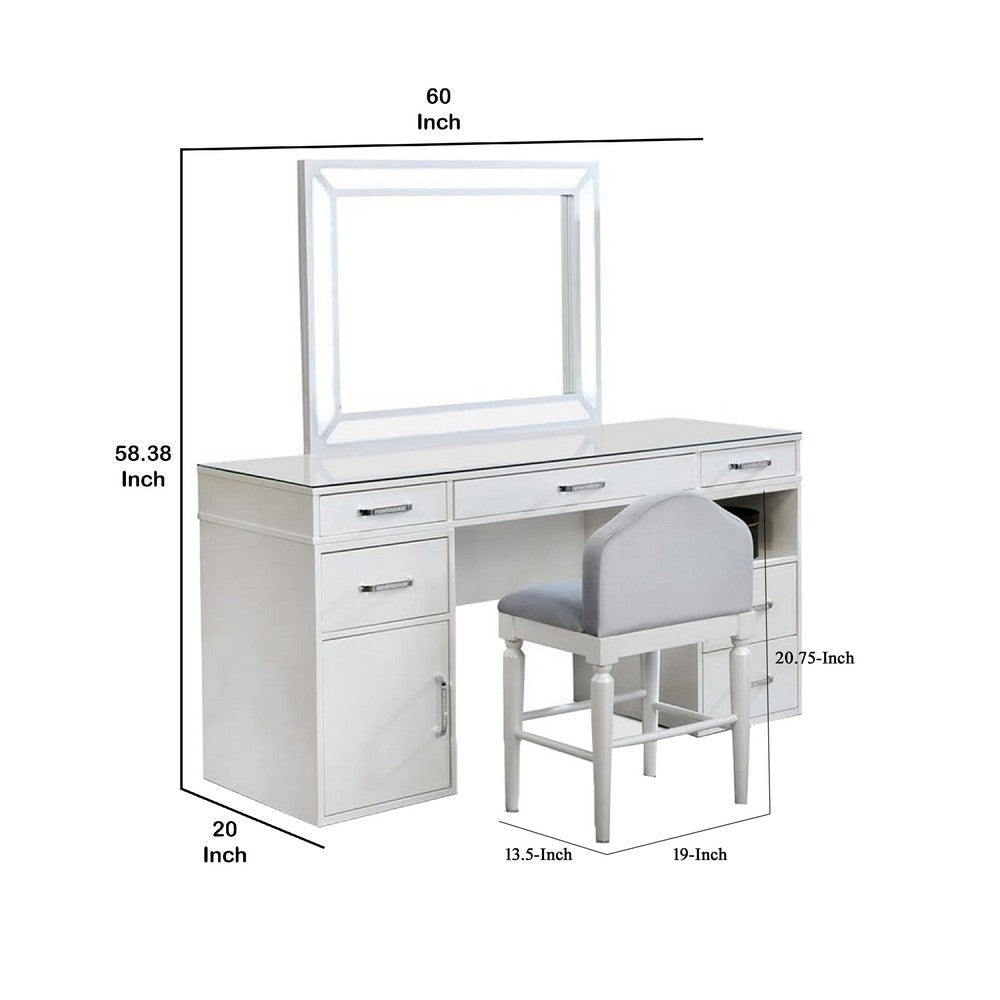 Moe 3 pcs Vanity Set | Desk Stool and Mirror | Glass Top | White BM340353