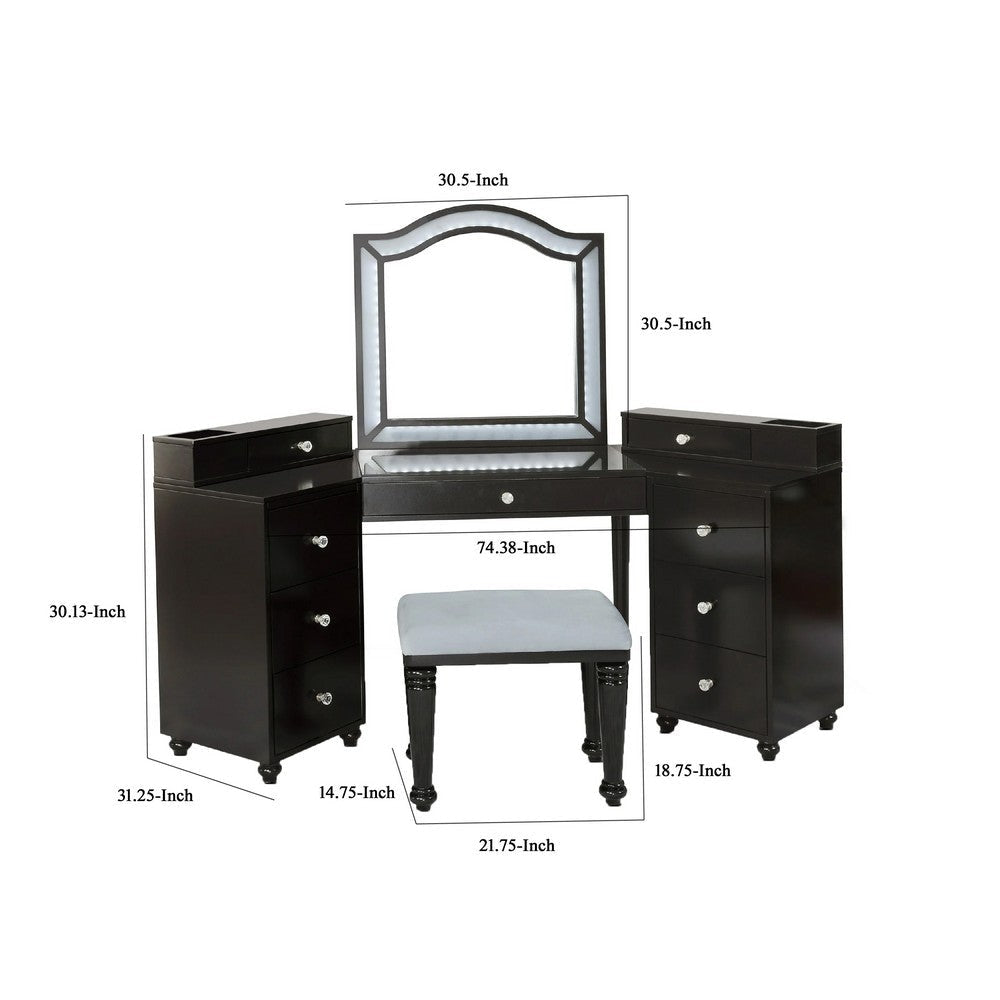 Gena 3pc Vanity Set with Stool | Glass Top Table | LED Mirror | Obsidian Gray BM340354