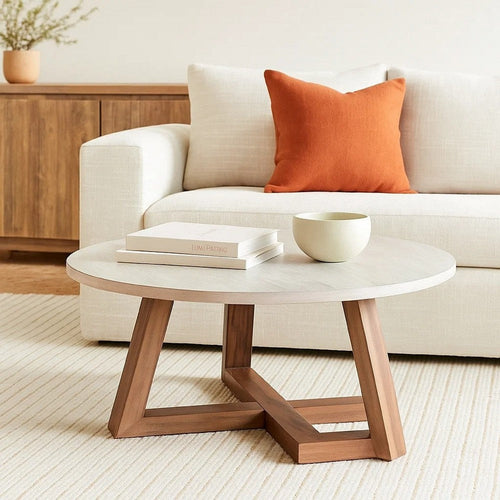 Dilly Coffee Table | 48" Round Light Gray Top | Wheat Brown Solid Wood