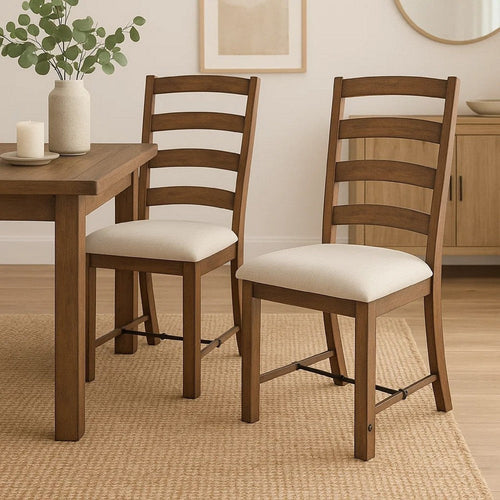 Yael Ladderback Dining Chair Set of 2 | White Seat | Brown Solid Mahogany BM340363