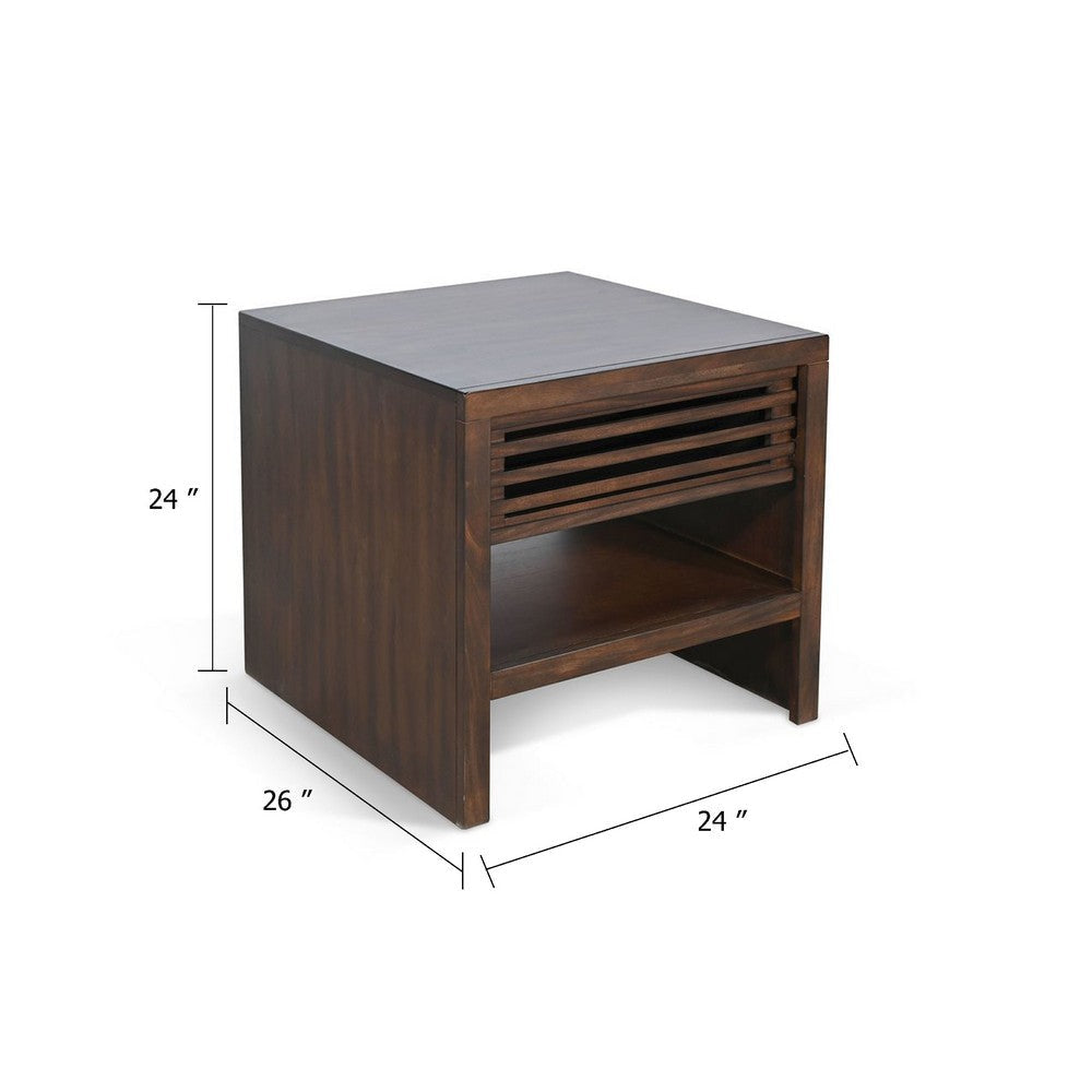 Nero Side End Table | Slatted Drawer | 26’’ Solid Wood Dark Brown BM340415