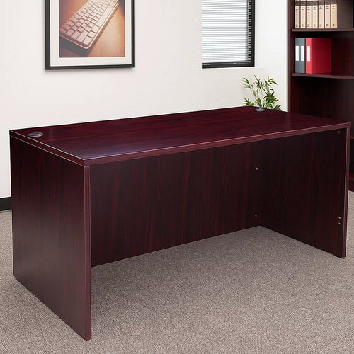 Nea Desk Shell | 71" Reception Top | Panel Legs | Mahogany Red Wood