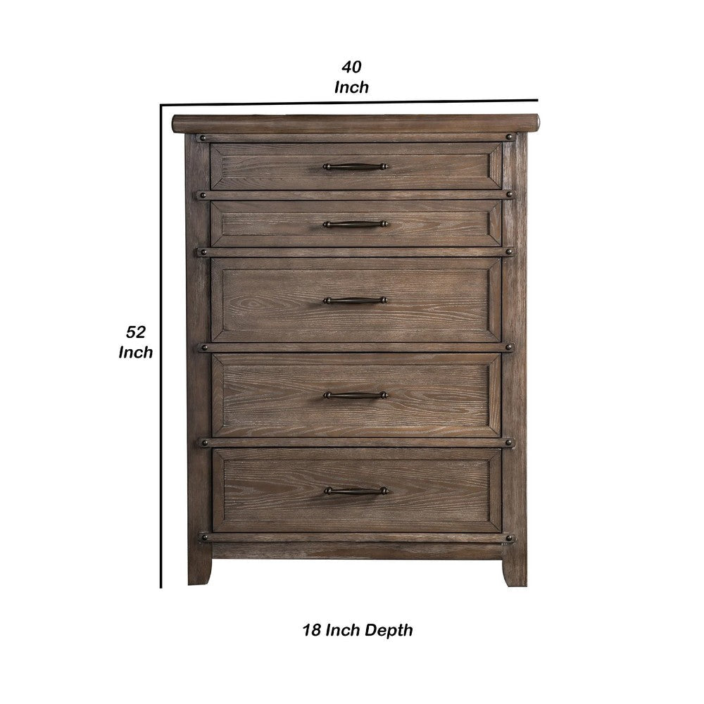 Merry Tall Dresser Chest | 5 Drawers | Brown Solid Wood | Bronze Metal BM340844