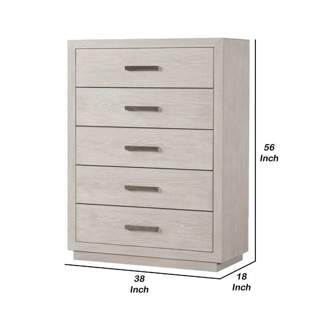 Kexa Tall Dresser Chest | 5 Drawers | Light Gray Solid Wood | Nickel Metal BM340864
