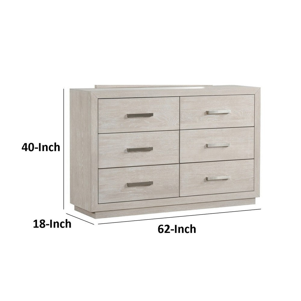Kexa Wide Dresser | 6 Drawers | Light Gray Solid Wood | Nickel Metal BM340865