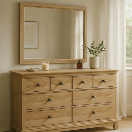 Lexa Wide Dresser | 6 Drawers | Natural Oak Brown Solid Wood | Pewter Metal