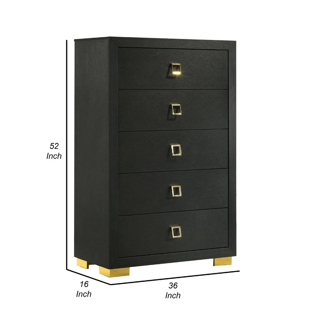 Lati Tall Dresser Chest | 5 Drawers | Modern Black Wood & Gold Metal BM340879
