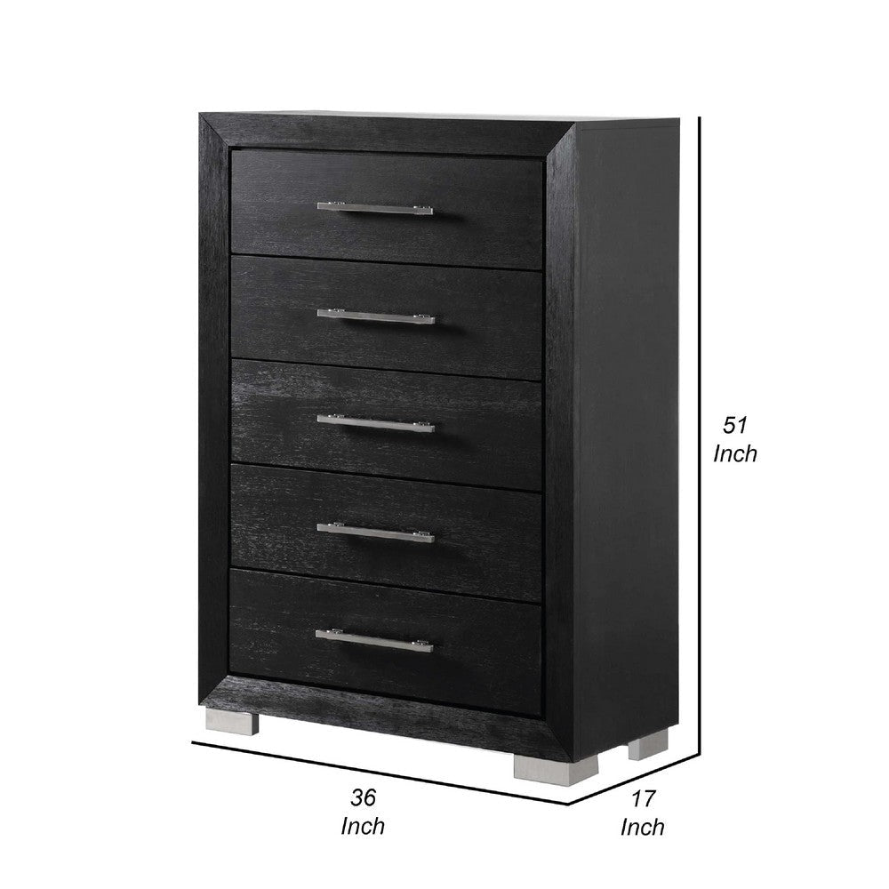 Ashen Tall Dresser Chest | 5 Drawers | Black Solid Wood | Chrome Metal BM340896