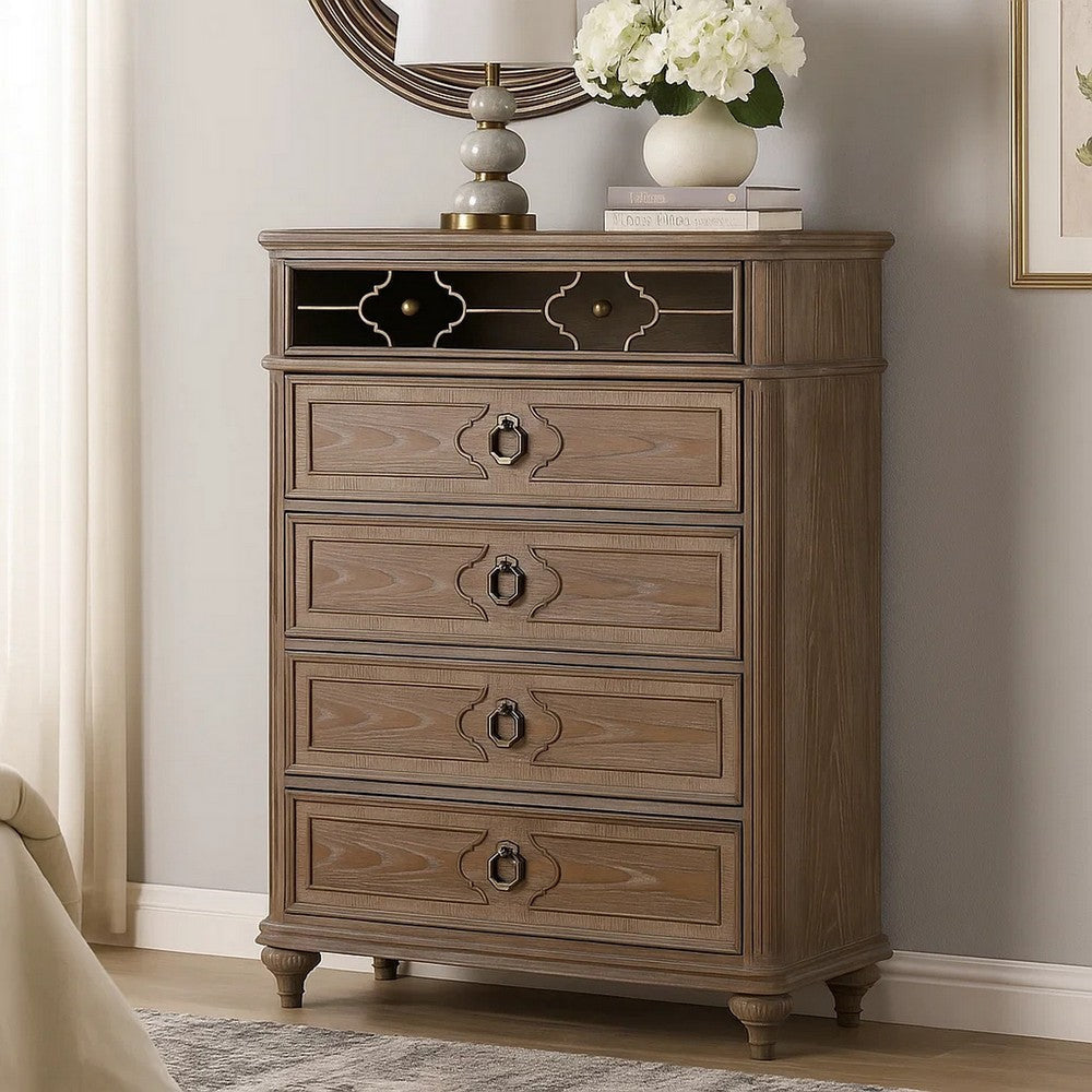 Benjara Lyla Tall Dresser Chest, 5 Drawers, Rustic Oak Brown Solid Wood Frame