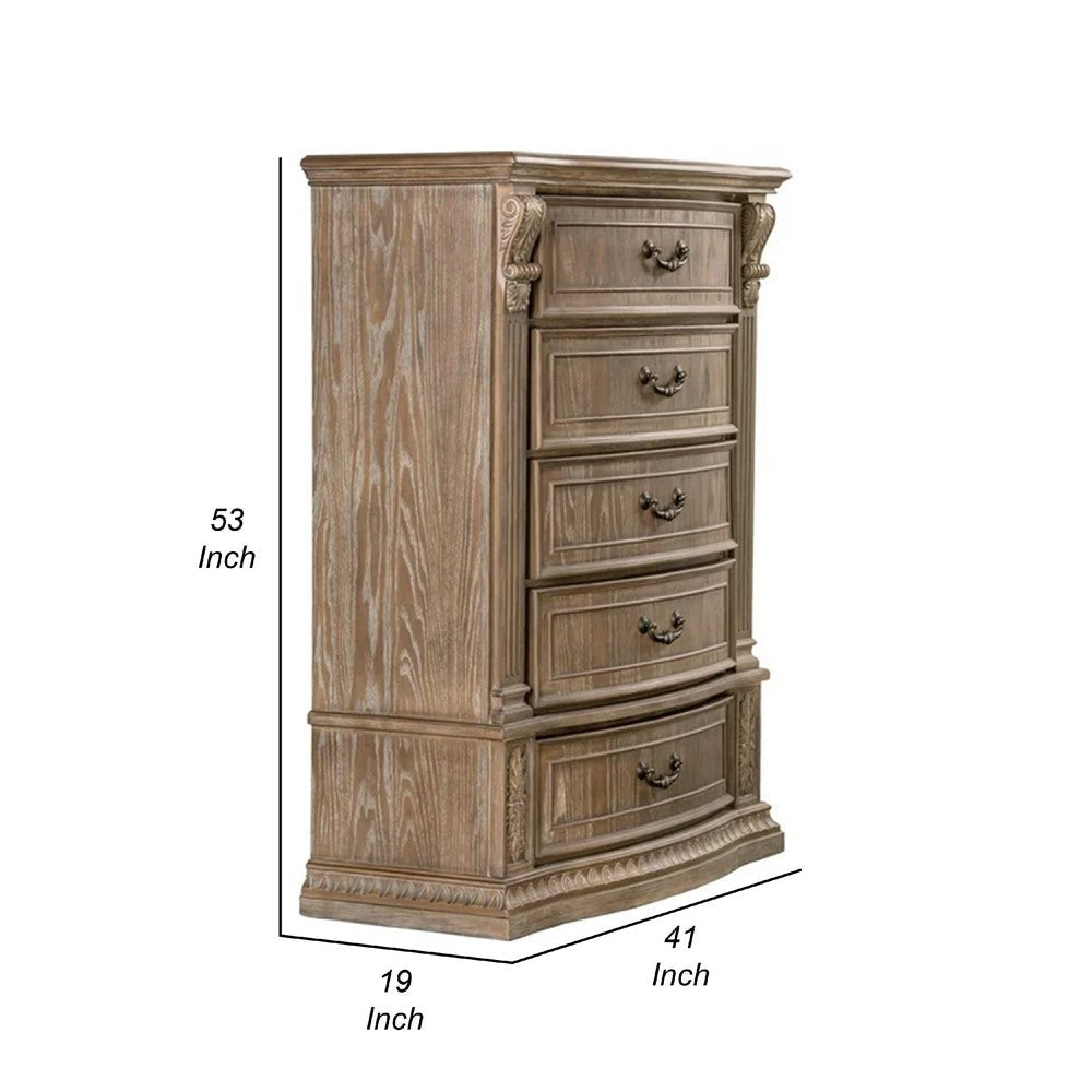 Reven Tall Dresser Chest | 5 Drawers | Weathered Oak Brown Wood | Metal BM340909