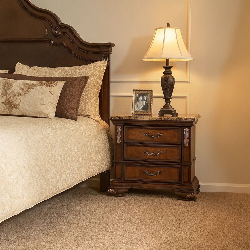 Iliana Nightstand | 3 Drawers | Ornate Oak & Dark Cherry Brown | 33’’ BM340921