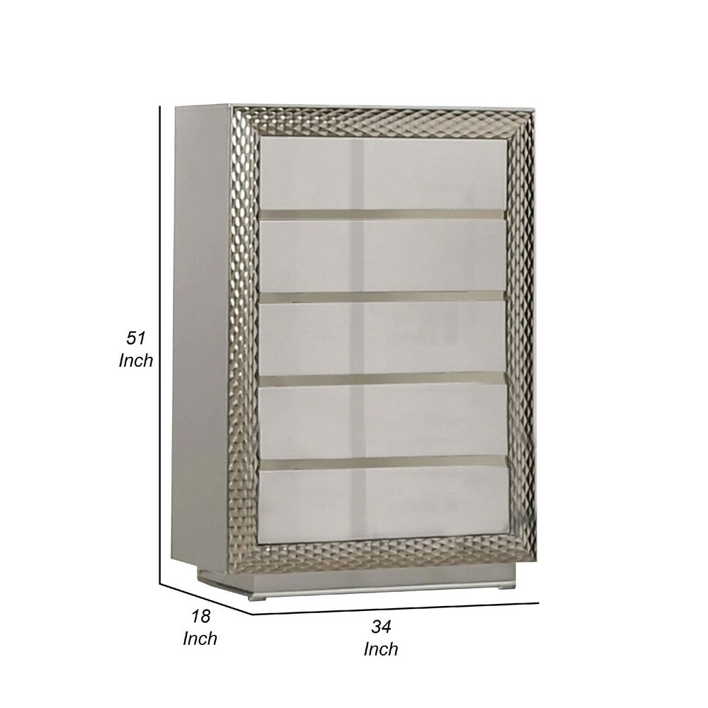 Vino 5 Drawer Tall Dresser Chest | Plinth Base Gray Wood w Silver Trim BM340922