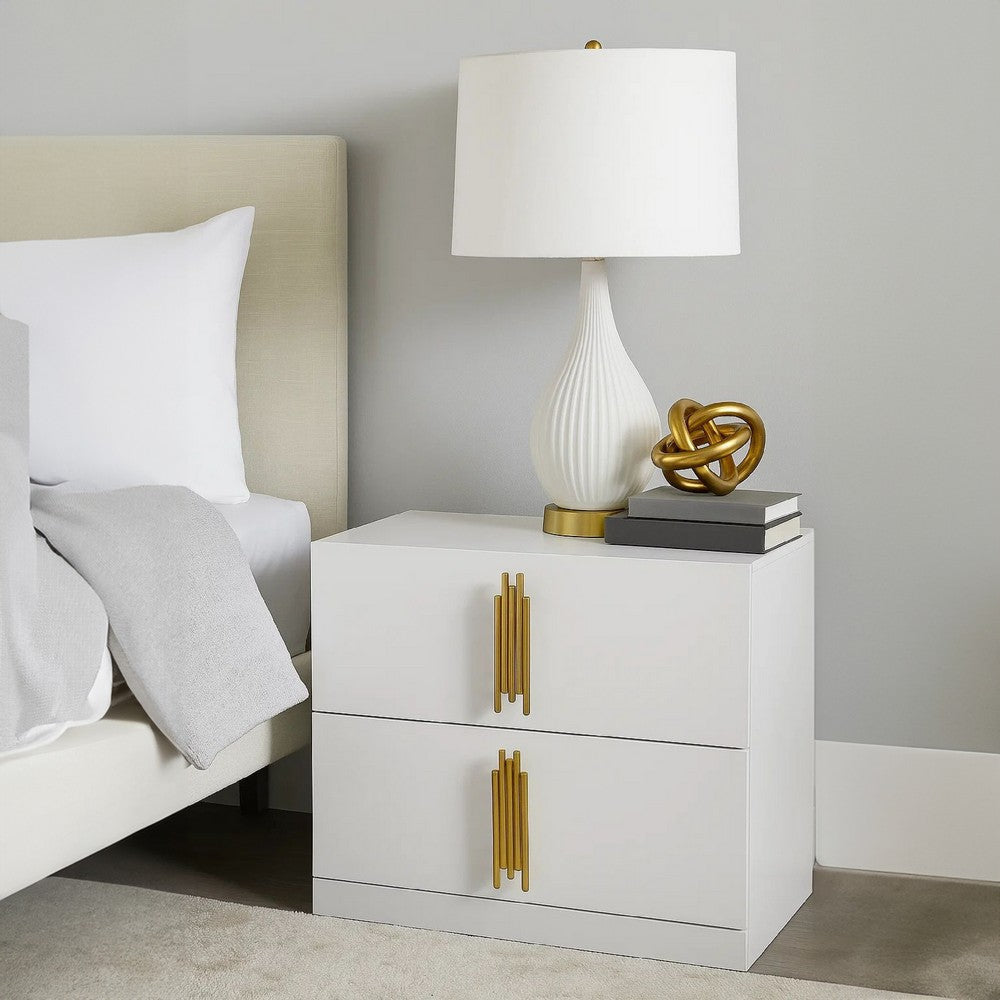 Dyl Nightstand | 2 Drawers w Gold Post Handles | White Melamine BM340992