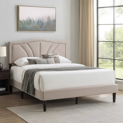 Carie Full Bed | Light Brown Burlap Upholstery | Padded Headboard