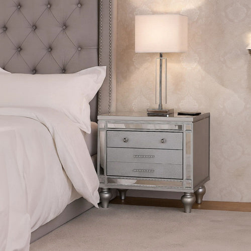 Bailey Nightstand w 2 Drawers & USB Port | Silver Acacia Wood