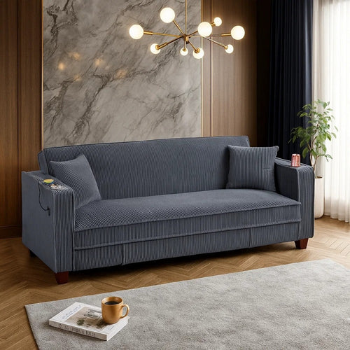 Lucy Sofa Bed w USB Ports | 2 Pillows | Gray Corduroy | Cupholders