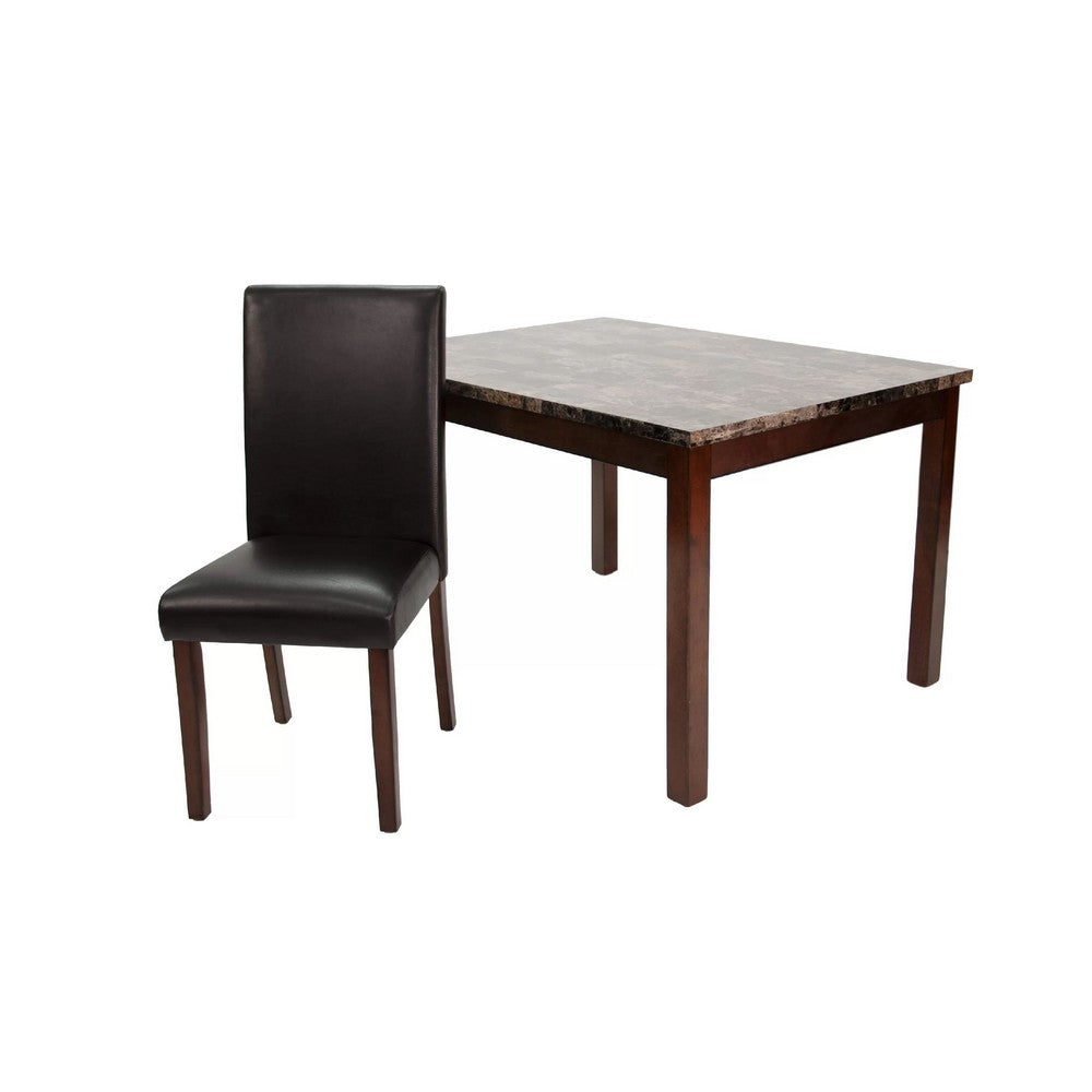Wesley 5pc Dining Table Set | Black Faux-Leather | Faux Marble | Cherry Brown