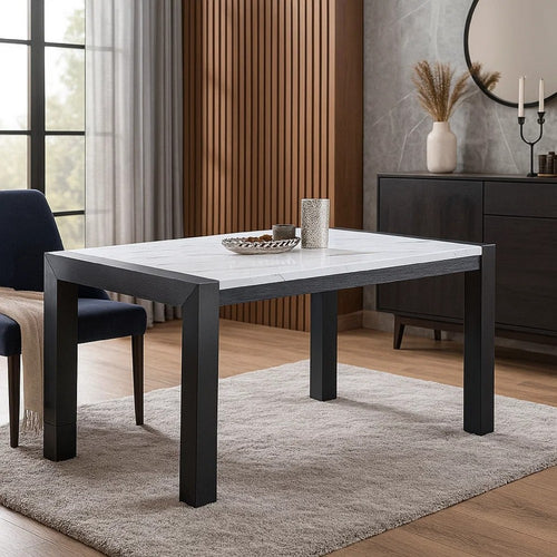 Shry Dining Table | Angular Design Faux-Marble Top | Gray Wood | 66"