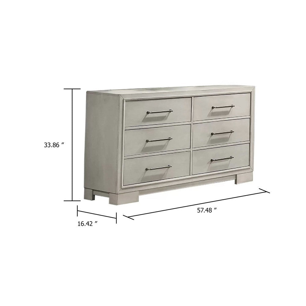 Simone Wide Dresser | 6 Drawer & Block Feet | Antique White Wood BM341111