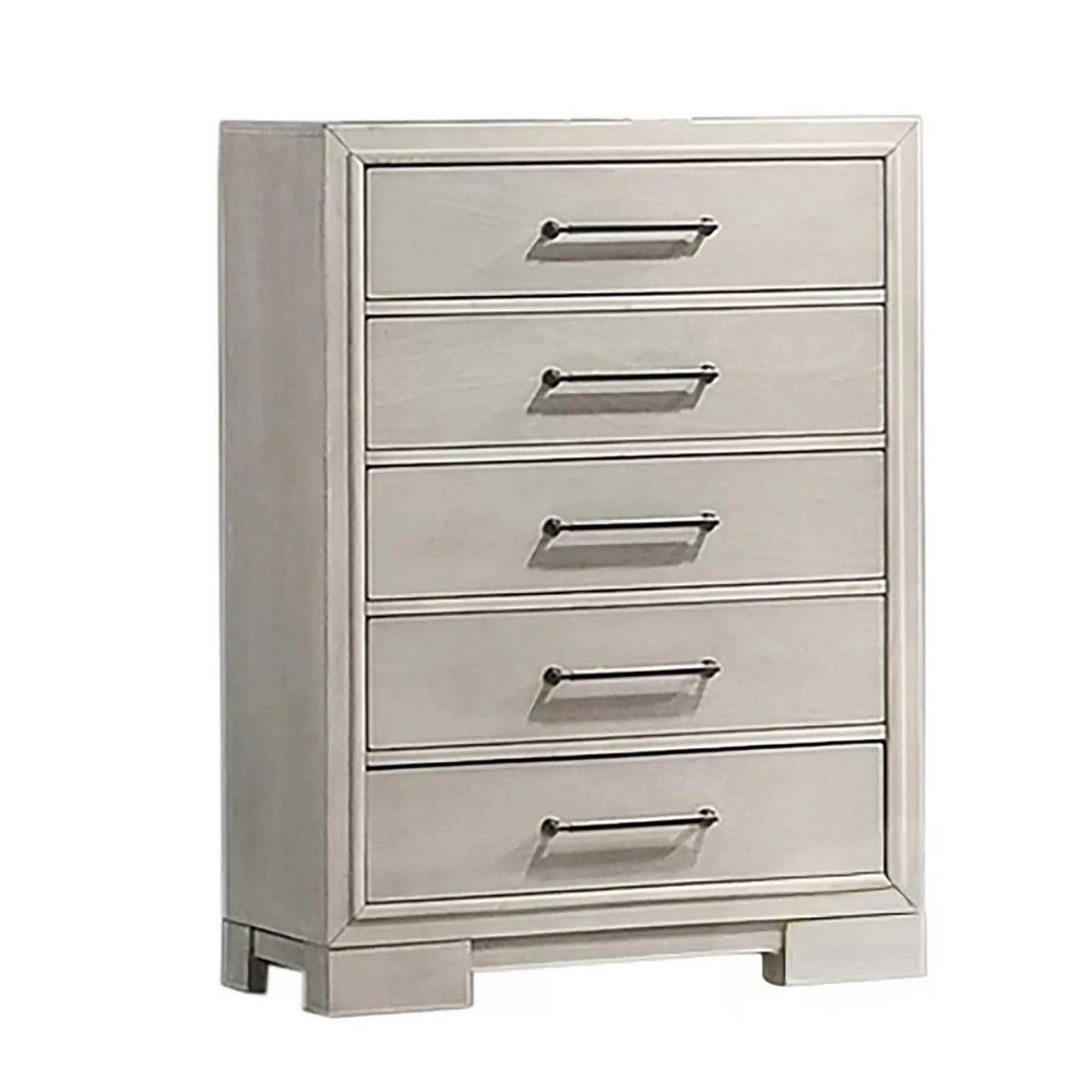 Simone Tall Dresser Chest, 5 Drawers, Antique White Wood Finish Benjara