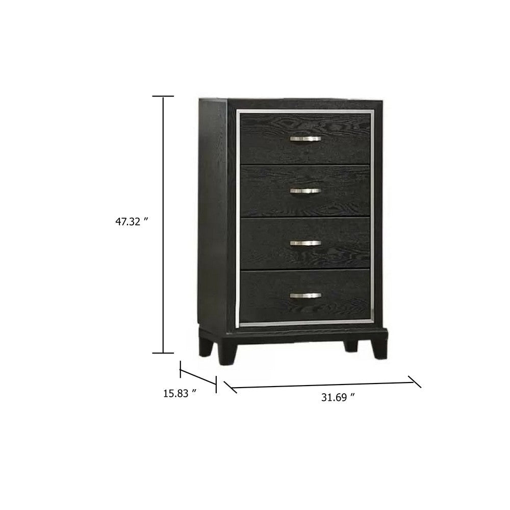 Lyla Tall Dresser Chest | Glam Silver Trim | 4 Drawer | Black Wood BM341122