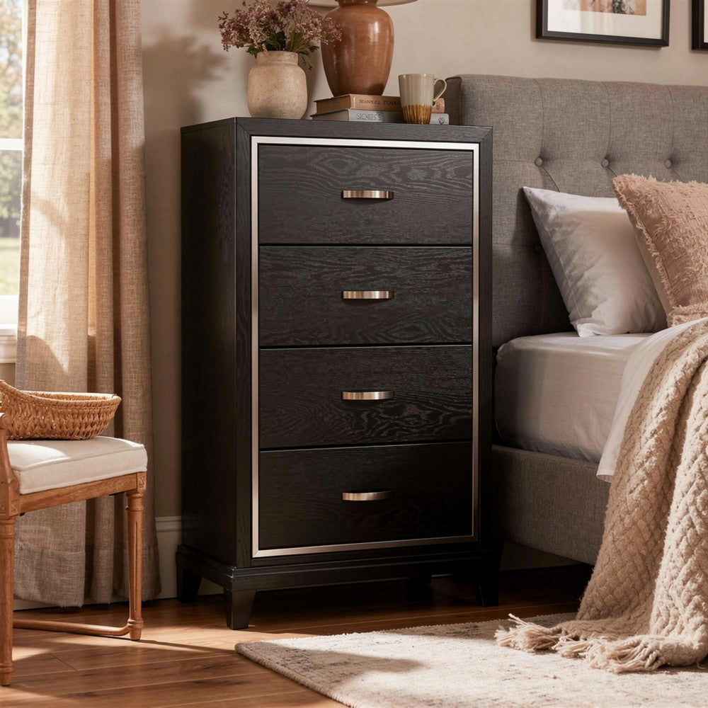 Buy Tall Dresser Chest 4 Drawers Silver Trim Black