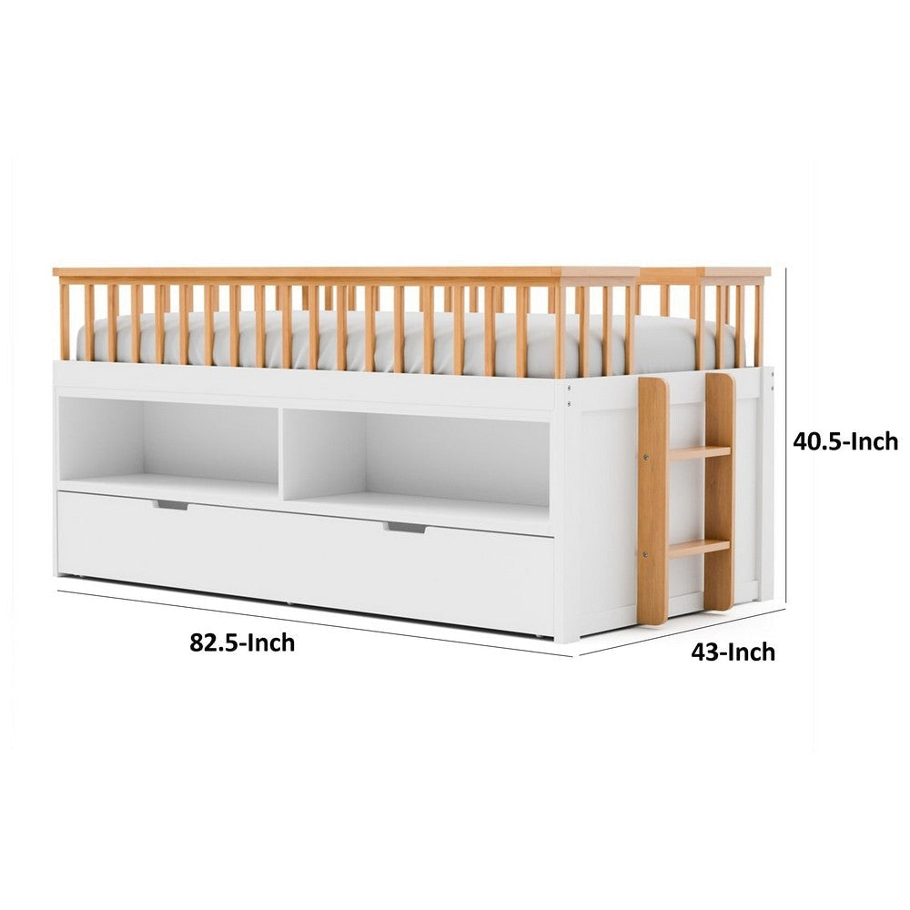 Lexo Twin Bookcase Bunk Bed w Trundle and Ladder | White & Natural Oak BM342275