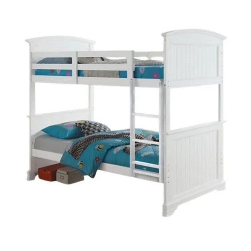 Rexo Twin over Full Bunk Bed w Ladder | Plank Style Headboard | White