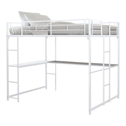 Dexo Twin Loft Bed w Built in Workstation and Ladder | White Metal
