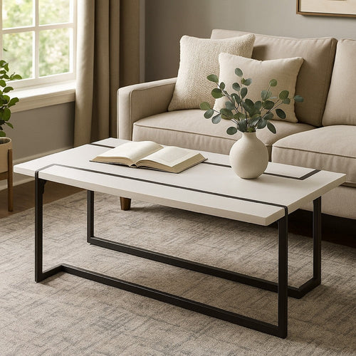 Iry Coffee Table | Black Steel Sled Base | 47" | Gloss White Lacquer Top