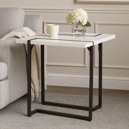 Iry Side End Table | Black Steel Sled Base | 22" | Gloss White Lacquer