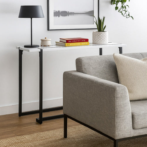 Iry Sofa Console Table | Black Steel Sled Base | 47" | White Lacquer