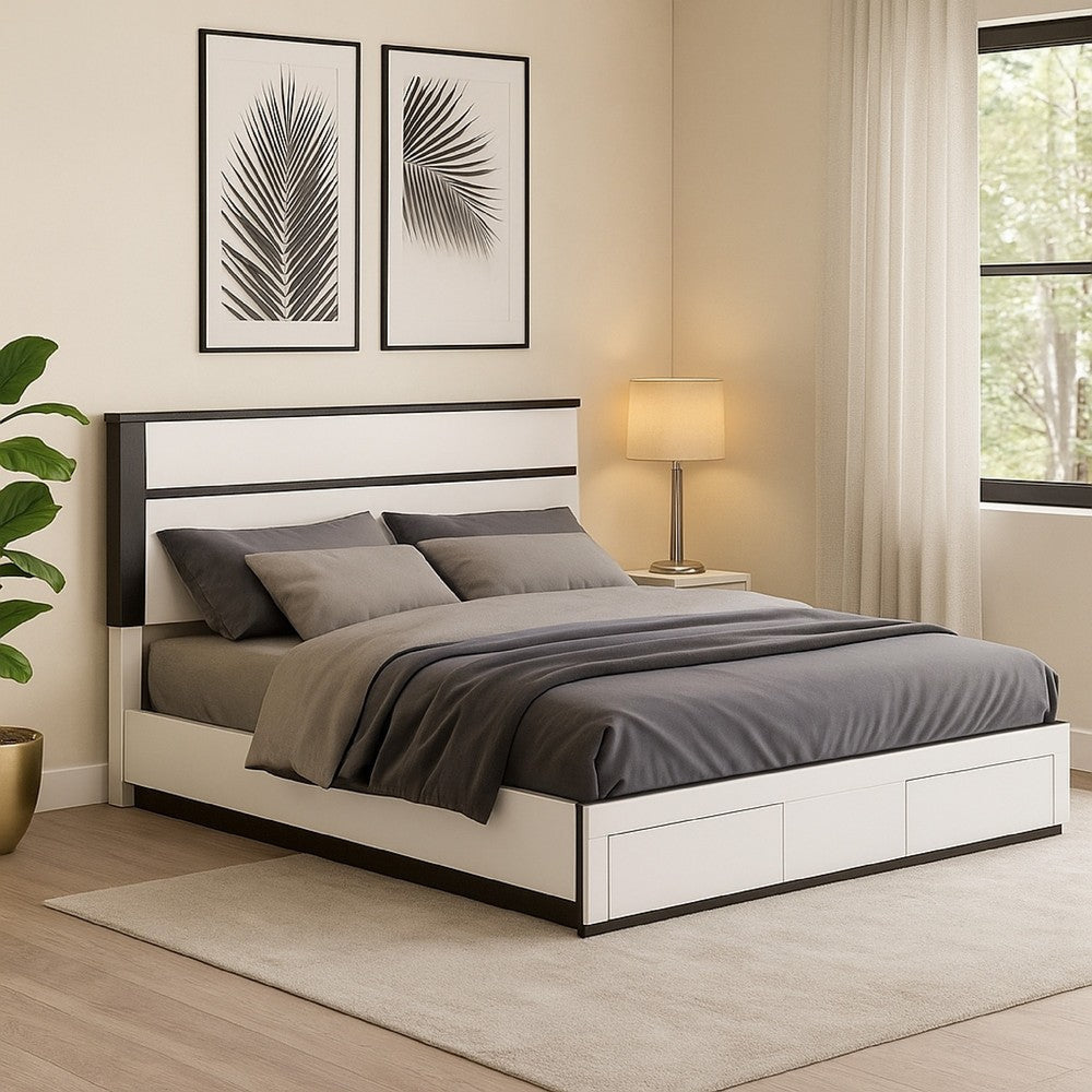 Kena Queen Size Bed | White Gray Panel Headboard | Footboard Storage Drawers BM342295