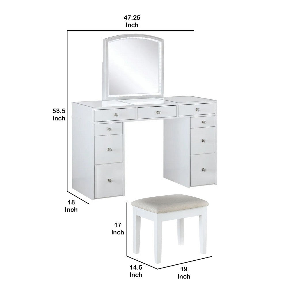 Texo 3pc White Vanity Table Set w LED Mirror and Beige Padded Stool BM342298