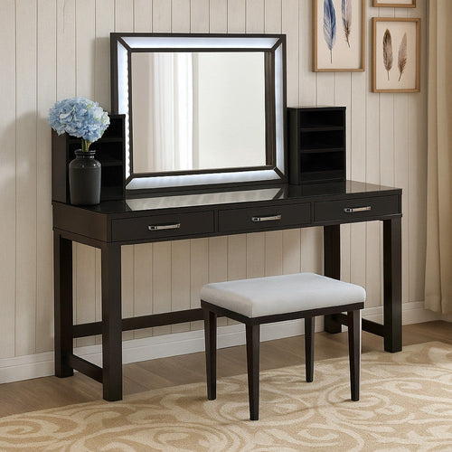 Jexo 3pc Cherry Vanity Table Set w LED Mirror | 3 Drawer | Gray Padded Stool