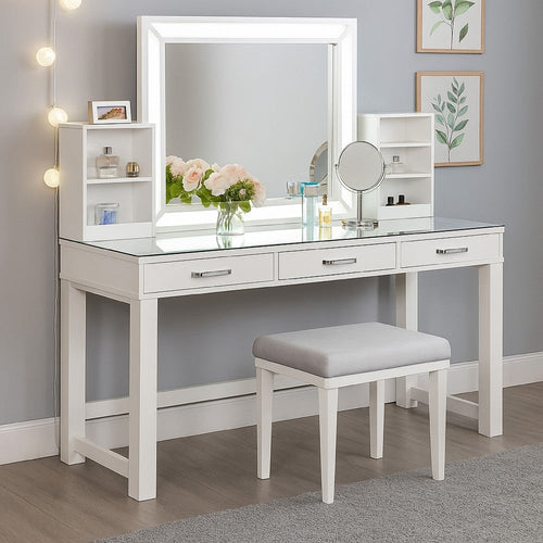 Jexo 3pc White Vanity Table Set w LED Mirror | 3 Drawer | Gray Stool