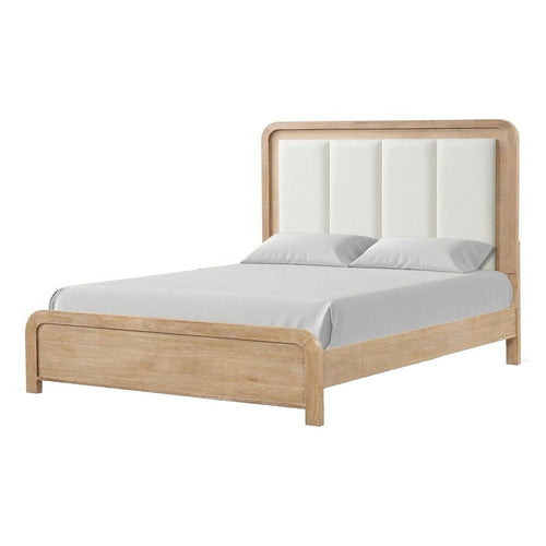 Rexa Queen Bed | White Upholstered Channeled Headboard | Natural Brown Wood
