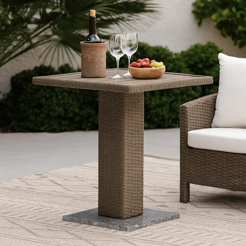 Nia Bistro Outdoor Table | Marble Base | Brown PE Rattan Frame | 27"